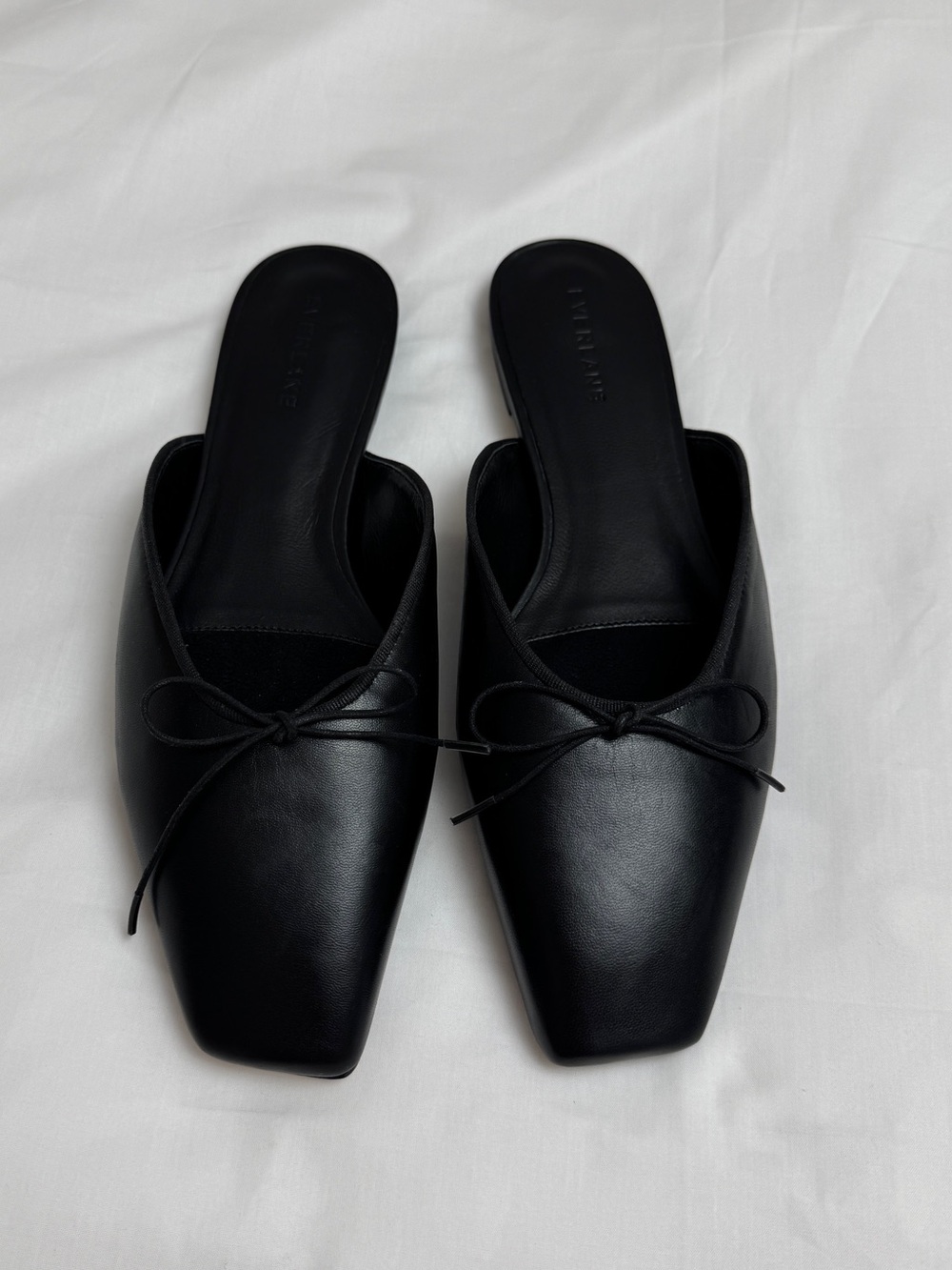 Everlane Black Leather Ballet Mule Flats Size 9 Minimalist Square Toe Bow - Picture 5 of 13
